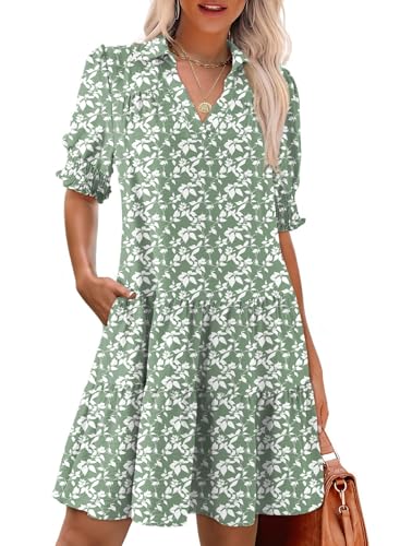 Image of Dokotoo Casual Dresses for Women Lapel Collared V Neck Mid Sleeved Pleated Summer Dresses for Women 2026 Midi Dresses