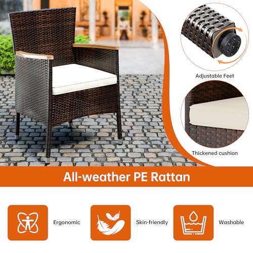 Image of Shintenchi 7 PCS Patio Dining Set, Wicker Patio Conversation Set with Wooden Table Top, Outdoor Table and Chairs with Soft Cushions for Backyard, Deck and Garden, Brown Wicker
