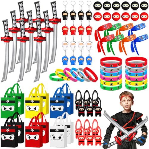 Seenelling 12 Guests 84 Pcs Ninja Party Favors Include Ninja Non Woven Bags Inflatable Toys Bouncy Balls Throwing Flying Slingshot Headbands Silicone Bracelets Keychains for Party Supplies
