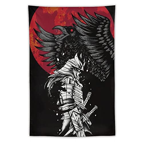 Qlazo Japanese Samurai Guard Black Crow Sunset Art Tapestry Tapestry Wall Hanging Curtain Decor Bedroom Home Living Room Wall Art Tapestries 40"X60" #TOP6