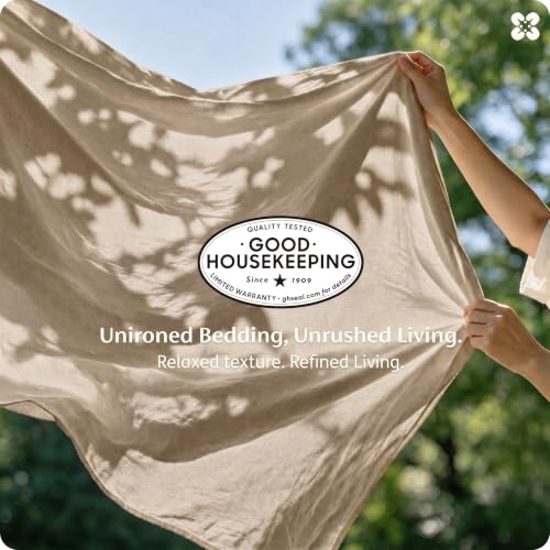Image of Bedsure PureWoven 100% Washed Cotton Duvet Cover Set, Full Size, 3-PC | Linen Like Texture, Percale Breathable Bedding Set for All Seasons, Zipper Closure, 8 Corner Ties, Frosted Almond, 80 inch x 90 inch