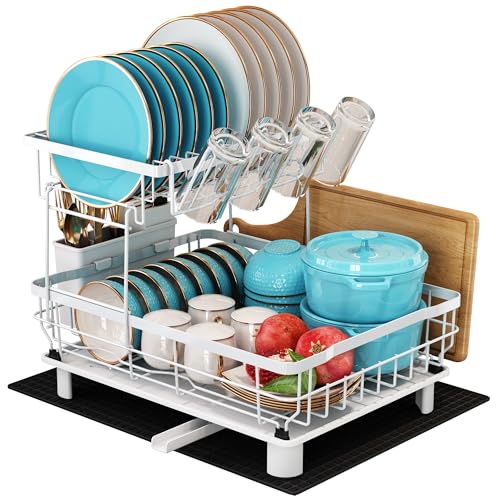 MAJALiS Escurreplatos, Escurridor de Platos de 2 Niveles con Bandeja de Drenaje y Estera de Drenaje, Escurreplatos de Acero Inoxidable con Soporte para Utensilios, Caño Giratorio, Blanco