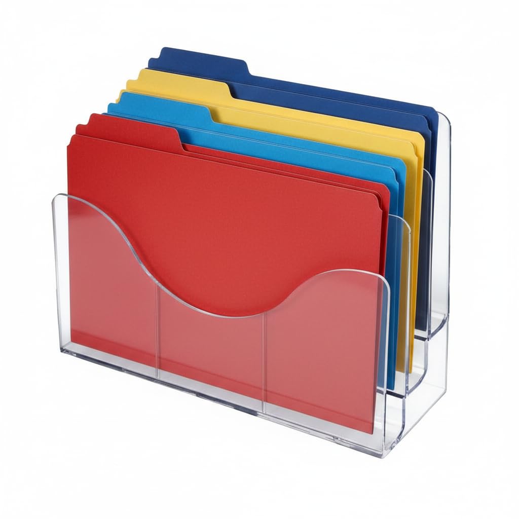 Azar Displays 250099-6PK - Organizador de pared de escritorio de tres niveles con divisores, soporte de exhibición de folletos acrílico, transparente, paquete de 6