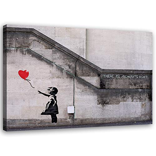 Feeby Wandbild Wandbild Straßenkunst Graffiti Banksy 90x60 cm Druckbild Leinwandbild Mädchen mit einem Luftballon Rot Cover