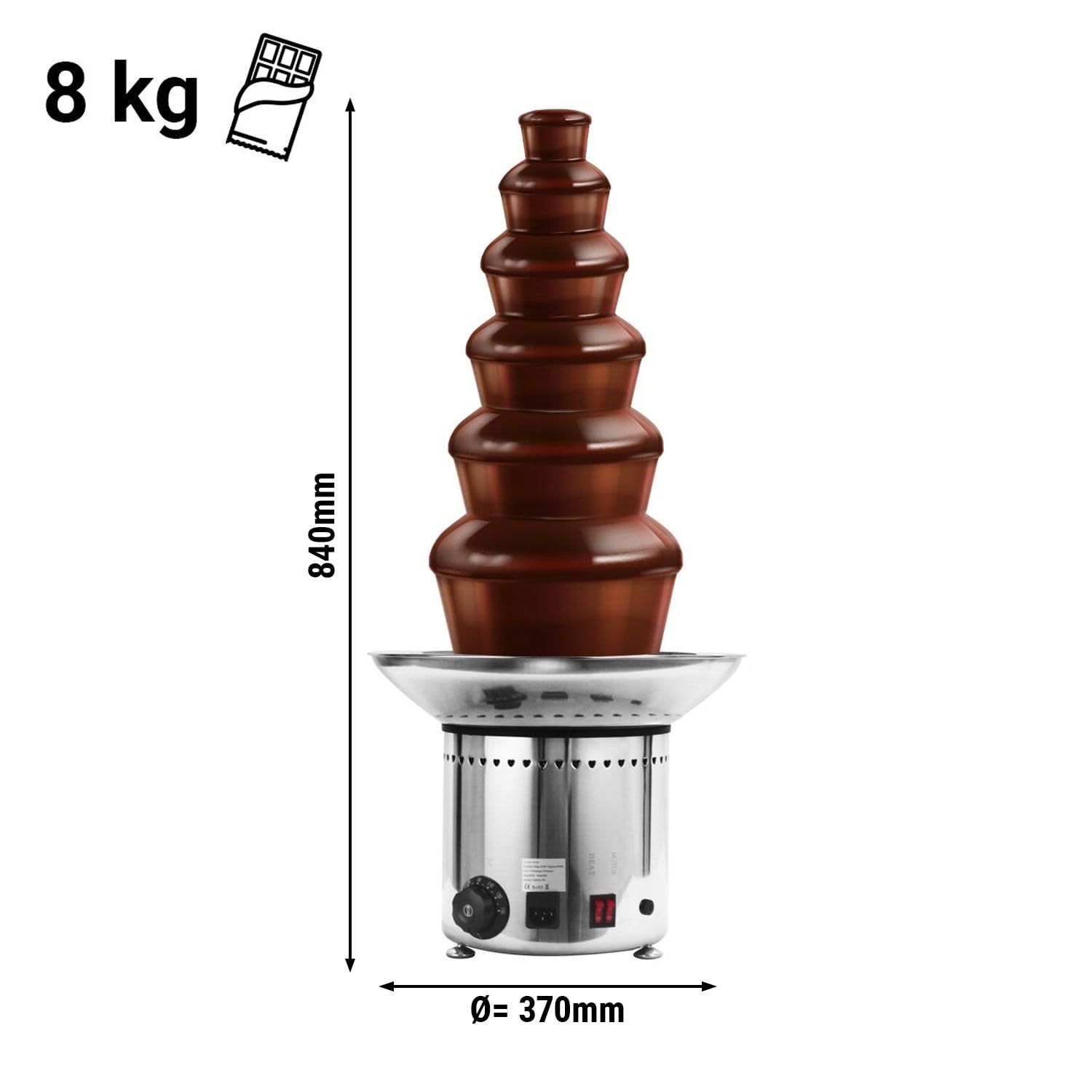 Schokoladenbrunnen - 300 Watt - 6 Etagen - Füllmenge: 8 kg - Höhe: 840mm | robuste Edelstahl-Ausführung, ideal für den Dauereinsatz, einfache Reinigung, stufenlose Temperaturregelung