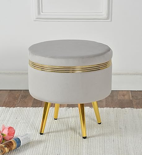 Image of NACIA Ottoman Pouffe Stool for Living Room Sitting | Round Footstool /Foot Rest with 4 Wooden & Golden Metal Legs for Dressing Table, Home Decor, Balcony, Bedroom (16x16x17 inch, Grey)