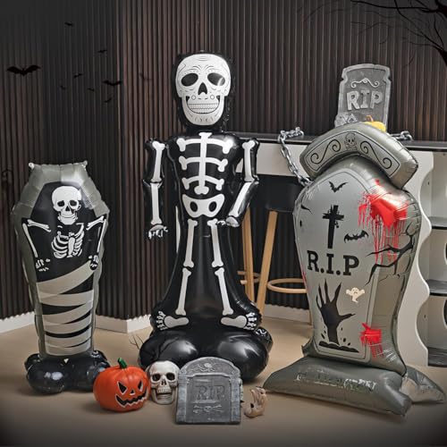 Image of Rozi Decoration Self Standing R.I.P Tombstone Balloon - 58 Inch Halloween Decoration with Feather Base for Graveyard Party Decor