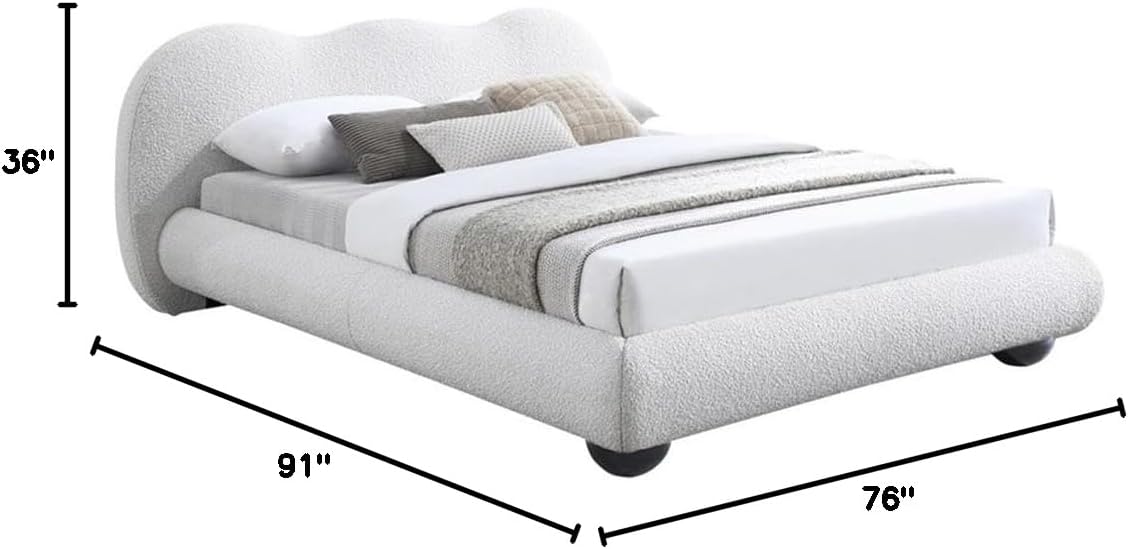MAKLAINE Contemporary Boucle Fabric Queen Bed, Cream Finish, Solid Wood Legs Included, Fully Slatted Design, 76"x91"x36", Modern Bedroom Furniture for Elegant Sleep