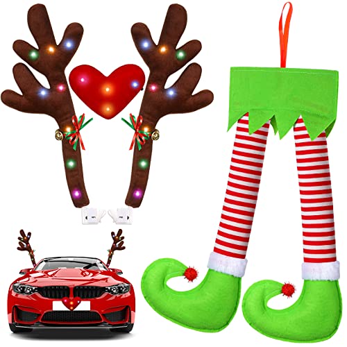 2 Pieces Car Reindeer Antler Kit Christmas Decorations with LED Lights Hanging Santa Claus Legs and Deer Nose Star Candy Canes Auto Accessories for Christmas Car Decorations(Striped Style)