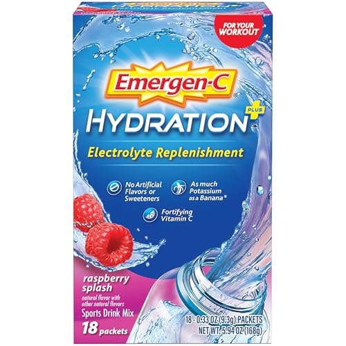 Vitamínicos, Home Emergen-C Hydration+ (18 Count, Raspberry Splash Flavor) Sports Drink Mix with Vitamin C, Electrolyte Replenishment, 0.33 Ounce Packets