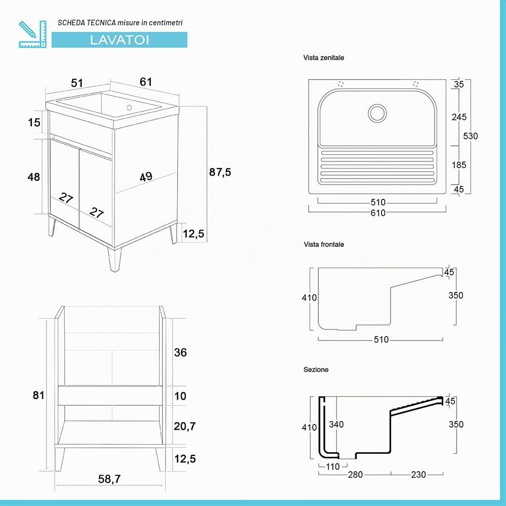 Inbagno Mobile lavatoio per Lavanderia con Vasca in Ceramica, L.61xP.51xH.87,5 cm, Linea Way in Diverse colorazioni, Vasca con strofinatoio Integrato (Bianco Lucido)