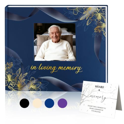 Image of Funeral Guest Book, in Loving Memory Sign in Book with Photo Slot | 330 Entries, Table Sign Card Included, Gold Stamping, Hardcover, Celebration of Life Keepsake, 9x7.5 inch, Navy