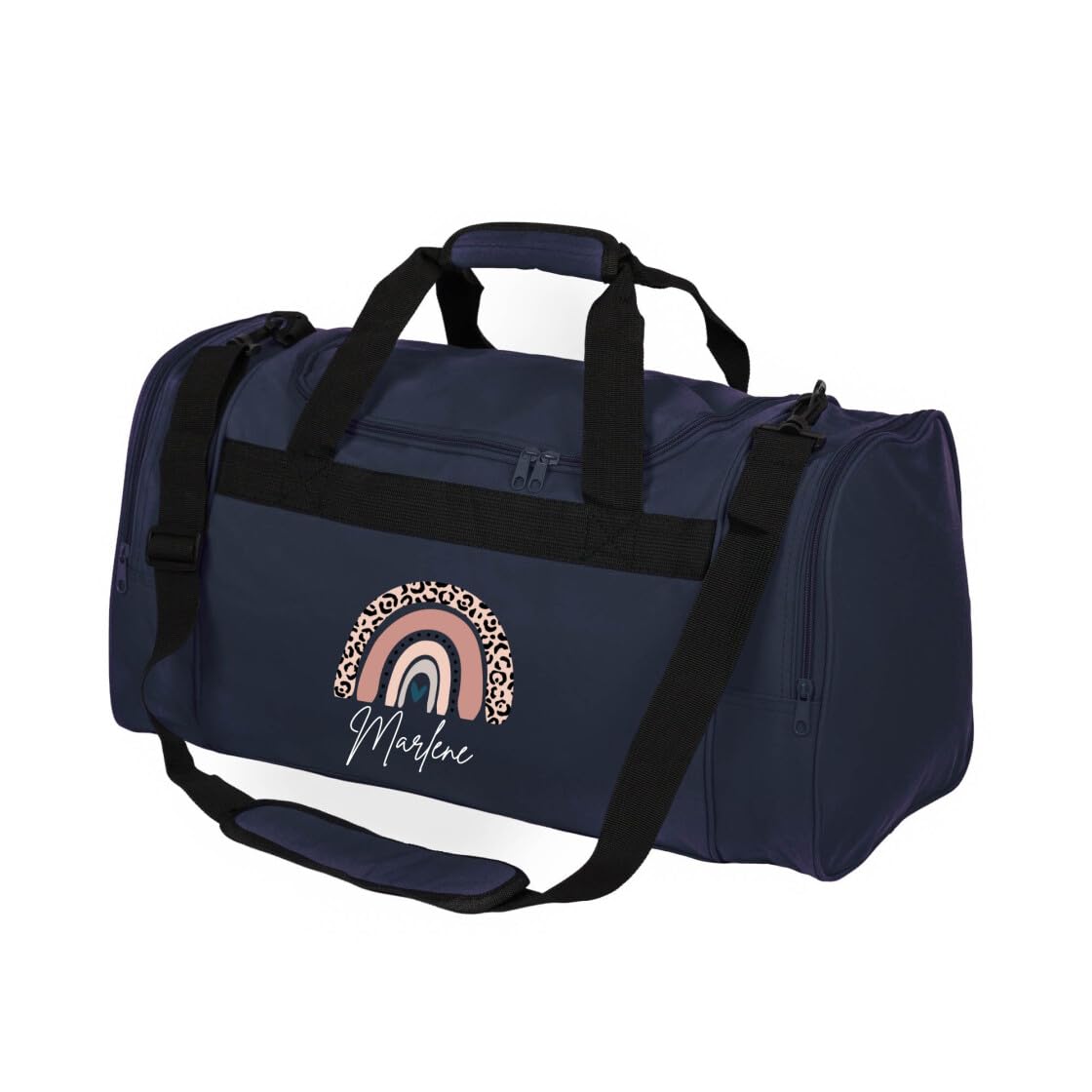 minimutz Kindersporttasche personalisiert Regenbogen, Reisetasche Mädchen groß, Sporttasche Rainbow Leo-Print Kinder mit Name 26L (dunkelblau)