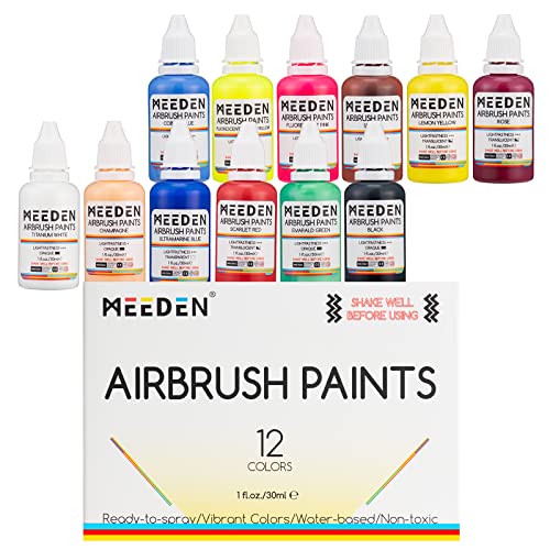 MEEDEN Colori per Aerografo, 12 x 30ml Colori Acrilici a Base d'Acqua non è necessario diluire, Vernice per Aerografo Professionale per Modellismo, Pittura, a Base d'Acqua Colori Aerografo