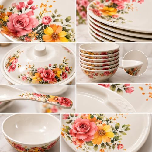 Image of 32-Piece Premium Melamine Dinner Set for 6 | Floral Printed Dinnerware Set with Plates, Bowls, Serving Bowls, Lids & Spoons (Blush Bloom)