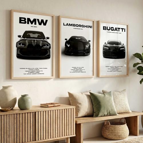 Image of HOTHOUSE Big BMW M3, Lamborghini Aventador, Bugatti Chiron Cars Framed Posters Gift Items for Boys Room Wall Decoration | Car Poster Frame for Wall Decor Set Of 3 Size (19 X 25 inch)