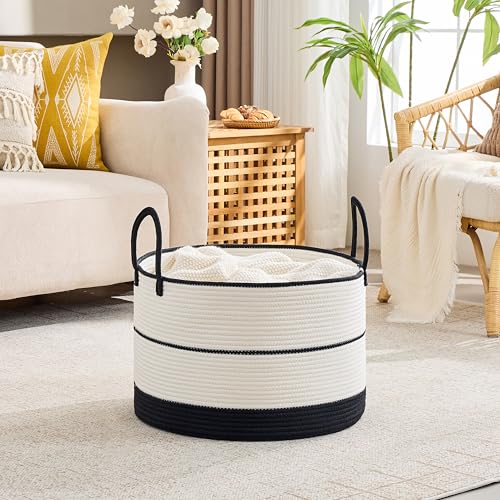 Image of KAKAMAY Cotton Rope Storage Basket (20 inchx13 inch),Woven Hamper for Blankets,Toys,Pillows,Clothes,Laundry,Sturdy Handles Decorative Basket for Living Room, Bedroom,Nursery(Black /Beige)
