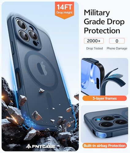 Image of FNTCASE for iPhone 16 Pro Case: [Compatible with Magsafe] Translucent Matte Cases with [Full Camera Protection] [Screen Protector] Military Grade Shockproof Protective Phone Cover - Blue