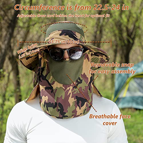 Image of UPF 50+ Sun Fishing Hat for Men Women Wide Brim Hat with Detachable Face Cover & Neck Flap