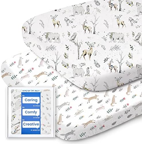 Bassinet Sheets Neutral for Baby Girl Boy, TotBasic Premium Soft Cradle Sheet Compatible with Halo, Mika Micky, Baby Delight, Dream On Me, Maxi COSI (Woodland Deer & Rabbit Fox)