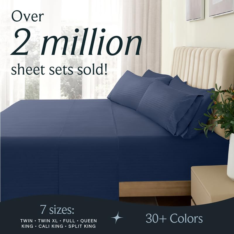 Image of LuxClub 5 PC Split King Size Sheet Set Bed Sheets, Breathable Luxury Sheets, Deep Pockets 18 inch Wrinkle Free Cooling Sheets Machine Washable Hotel Bedding (Split King, Striped Navy)