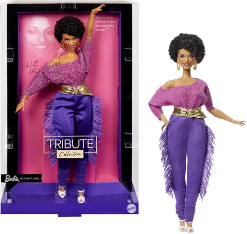 Barbie Signature Tribute Colección Debbie Allen Muñeca articulada con Parte Superior sin Hombros, cinturón Dorado y Pantalones de Flecos morados con Calentadores, JBJ24