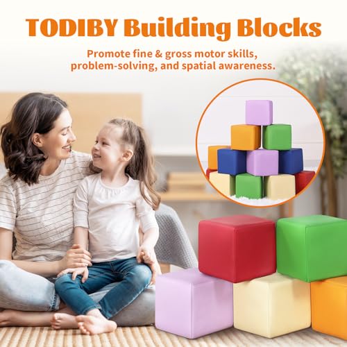 TODIBY Foam Building Blocks for Toddlers:12-Pieces Wipeable Leather Stacking Cubes Kids - Large Soft Toys Play Set for Learning Construction Baby Preschool Daycare Therapy Birthday Gift (Rainbow) by TODIBY - Used condition - Image 3