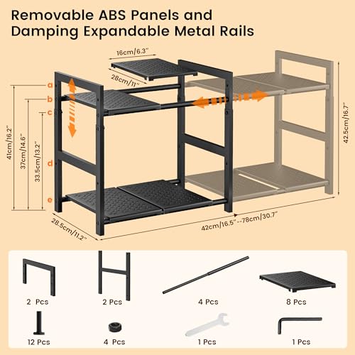 Under Sink Organizer and Storage 16.5"-30.7" Expandable Length, Adjustable Height Under Sink Shelf 2 Tier with 11" Removable ABS Panels & Metal Frame for Bathroom Kitchen Pantry Cabitnet Pot and Pan - Image 4