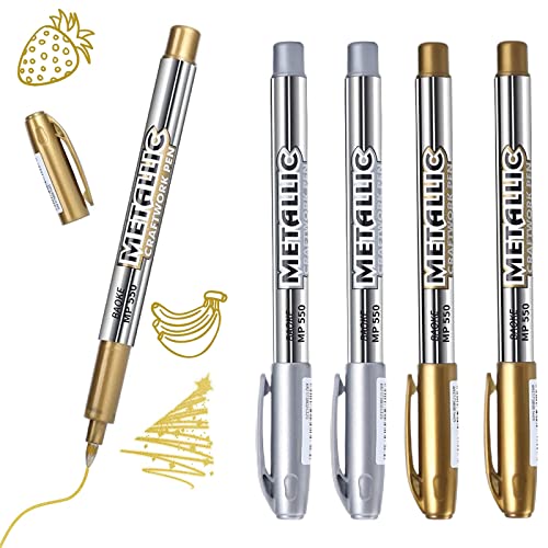 JEOPKO 4 Pcs Metallic Marker Pens Metallic Pens Silver and Gold Writing Pen for Cards Permanent Art Marker Pens for Card Making Painting Album