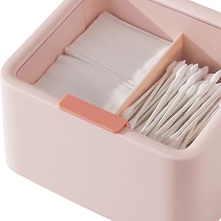 Aramox Cosmetic Storage Box Plastic Makeup Container with Lid 14.5 X 13 X 8cm Double Grids Organizer for Cotton Swabs Floss Lipstick Bathroom Bedroom Dorm (Pink)