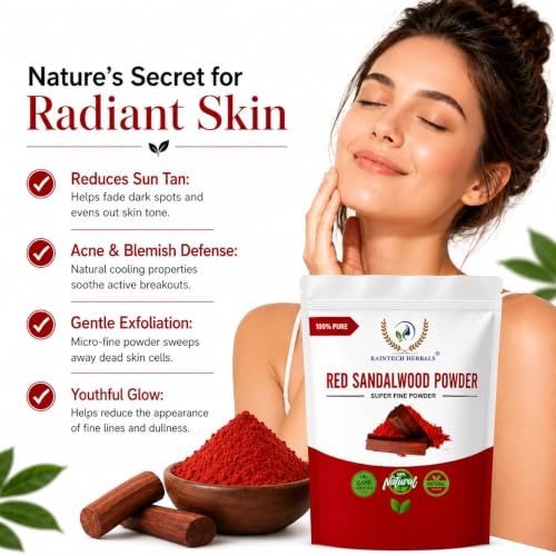 Image of Pure Red Sandalwood Powder for Face (200g) - Natural Lal Chandan /Rakta Chandanam Face Pack for Glowing Skin, Sun Tan Removal & Acne Spot Care - Unisex Skincare