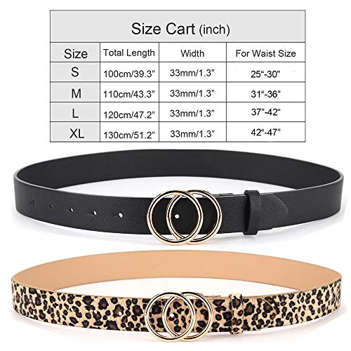 Unfader Pack 2 Women Belts For Jeans With Fashion Double O-Ring Buckle And Faux Leather (Pack 2 (Black+Leopard), Xl: Fits Waist Size From 42"-47") #TOP1