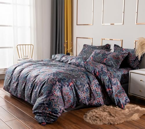 VM VOUGEMARKET Retro Paisley Duvet Cover Queen Size Boho Damask Duvet Cover Sets 100% Brushed Cotton Bedding Set,1 Duvet Cover and 2 Pillow Shams for All Seasons-Stormy Blue