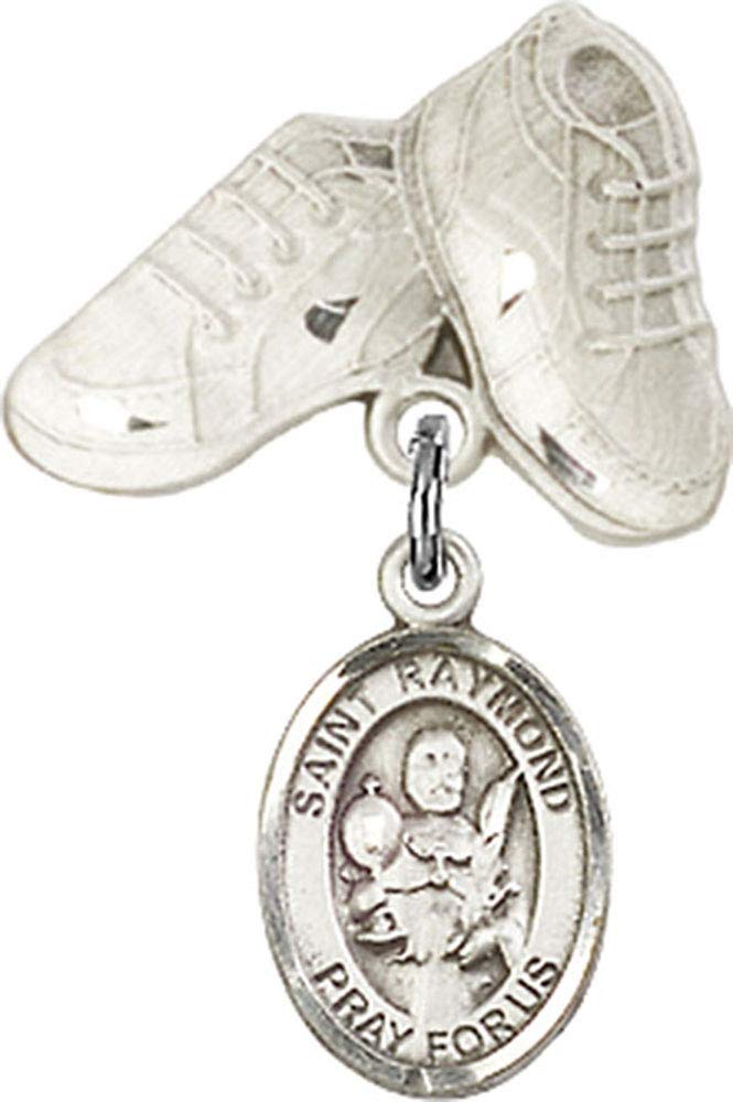 Jewels Obsession Baby Badge with St. Raymond Nonnatus Charm and Baby Boots Pin | Sterling Silver Baby Badge with St. Raymond Nonnatus Charm and Baby Boots Pin - Made In USA