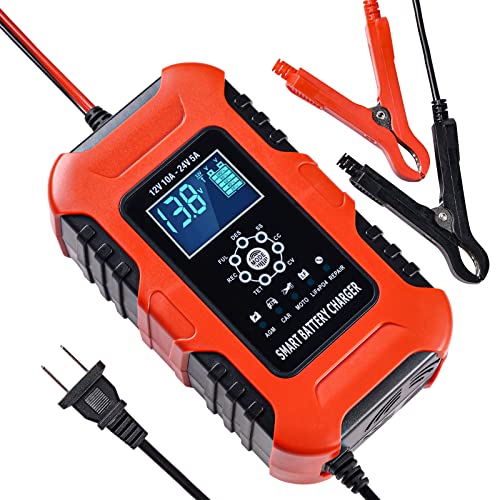 LiDiVi Car Battery Charger, 10-Amp 12V/24V Car Battery Charger Fully-Automatic 12v Battery Charger Maintainer Temperature Compensation for Car Lawn Mower Motorcycle SUV Lead Acid LiFePO4 Battery