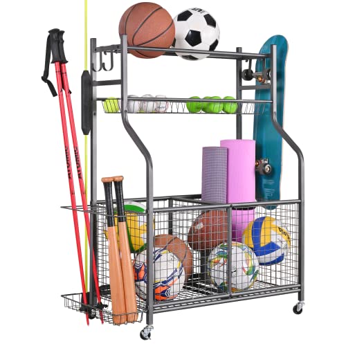 Mythinglogic Sports Equipment Garage Organizer,Garage Ball Storage for Sports Gear and Toys, Rolling Ball Cart with Wheels for Indoor Outdoor Use