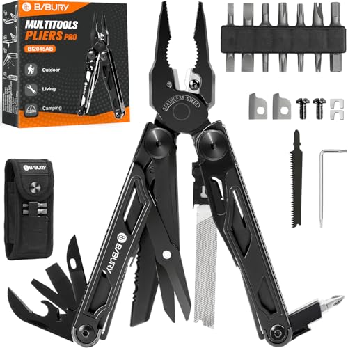 BIBURY Multitools, Multi Tool Foldable Pliers with Upgraded Scissors and Screwdriver Set, Stainless Steel Pocket Tool- Pro, Ideal for Camping, Outdoor, Repairing – Gift for Dad Men – All Black