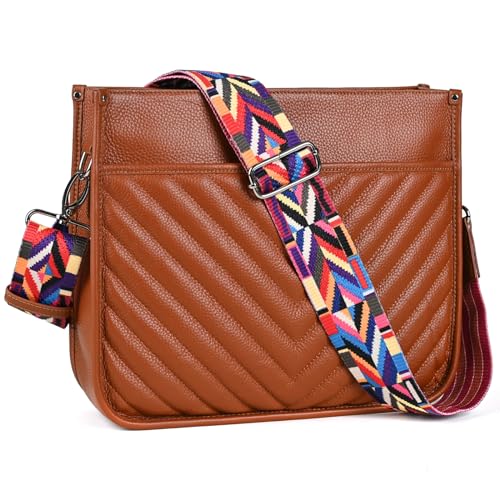 Image of Genuine Leather Crossbody Bags for Women Trendy Hobo Handbags Soft Quilted Shoulder Bag Purses with Adjustable Strap