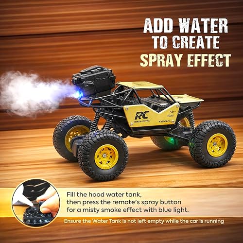 Image of VGRASSP Remote Control Rock Crawler Monster Truck Toy for Kids with Mist Spray - Rechargeable Off-Road All Terrain RC Smoke Car with Spring Shockers - Color As Per Stock