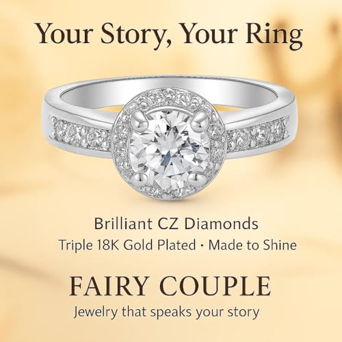 FAIRY COUPLE Halo CZ Ring for Women – Looks Like Real Diamond, Sparkly Promise Ring, Fake Engagement Ring, Birthday & Everyday Gift, Fashion Jewelry R673