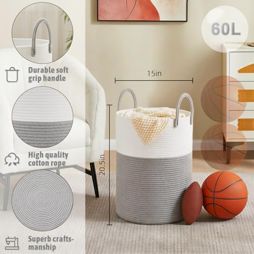Image of Artfeel Laundry Basket,Woven Cotton Rope Laundry Hamper,60L for Decorative Storage of Dirty Clothes,Toys and Blankets in Bathroom,Baby Room and Living Room