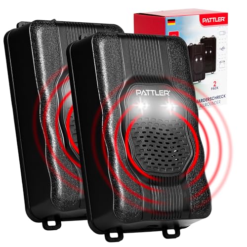 PATTLER® Anti Rongeur avec lumière | Repulsif Ultrason Anti Loir et Anti Martre | Anti Martre Voiture avec Alimentation par Batterie de Voiture 12V, Piles AA ou USB | Anti Rongeur Voiture | 2 Unité