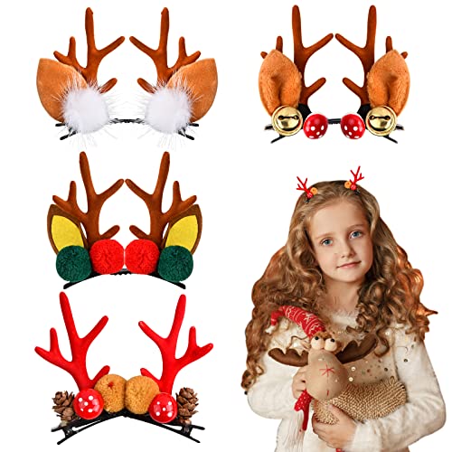 4 Paare Weihnachts Haarspangen Weihnachten Hirschgeweih Haarspangen niedliche Geweih Haarnadel schöne Ohren Pompons Pilz Glöckchen Dekorationen Haarspangen für Frauen und Mädchen Kinder