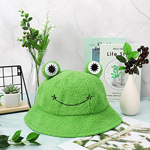 Whaline Plush Frog Hat Cute Winter Green Packable Bucket Hat Keep Warm Funny Animal Fisherman Cap for Christmas Adults Women Men Outdoor Indoor Activities4
