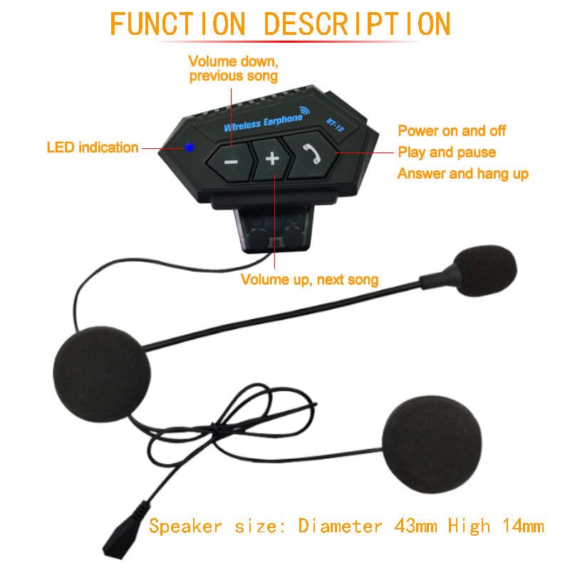 Image of SHOPEE Helmet BT Headset, BT12 Motorcycle Helmet BT Headset Headphone Speakers Support Handsfree Calling Hi-Fi Headphone Low Power Warning, Black