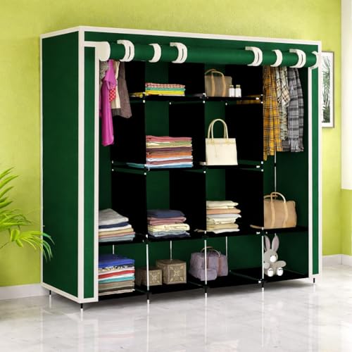 Image of 12 Shelves Fancy Layer Collapsible Green Wardrobe Portable Almirah Foldable Racks for Clothes Cupboard Cloth Plastic Frame Organizer (88370)