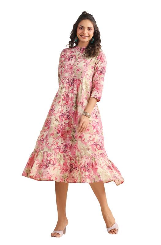 Image of Janasya Women's Cotton Pink Abstract Print Casual Wear Summer Dress for Women