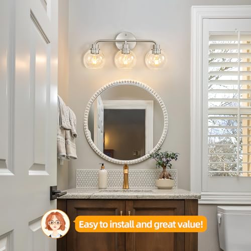Image of 3 Light Bathroom Vanity Light Fixtures, Brushed Nickel Vanity Lights | with Clear Globe Glass Shades, Modern Bathroom Lights Wall Sconce Wall Lamp for Mirror Living Room Kitchen Bedroom Hallway