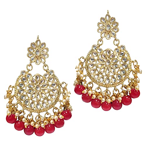 Image of Peora Kundan & Beads Studded Necklace Earrings & Maangtikka Set Ethnic Jewellery for Women & Girls