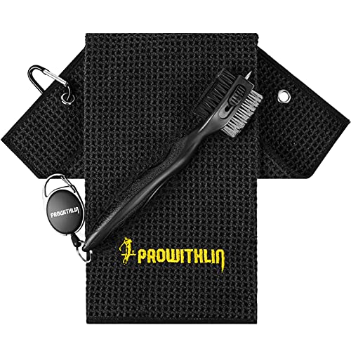 prowithlin Golf Club Brush and Golf Towel, 2 ft Retractable Zip-line Metal Buckle, Dual Bristles Nylon and Wire Bristles, Golf Club Brush and Groove Cleaner, Golf Gifts Accessories for Men and Women